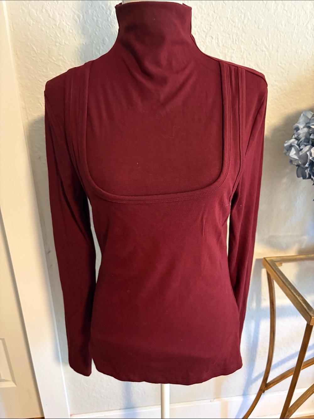 Commense Women's Burgundy Long-Sleeve Turtleneck Top with tank overlay